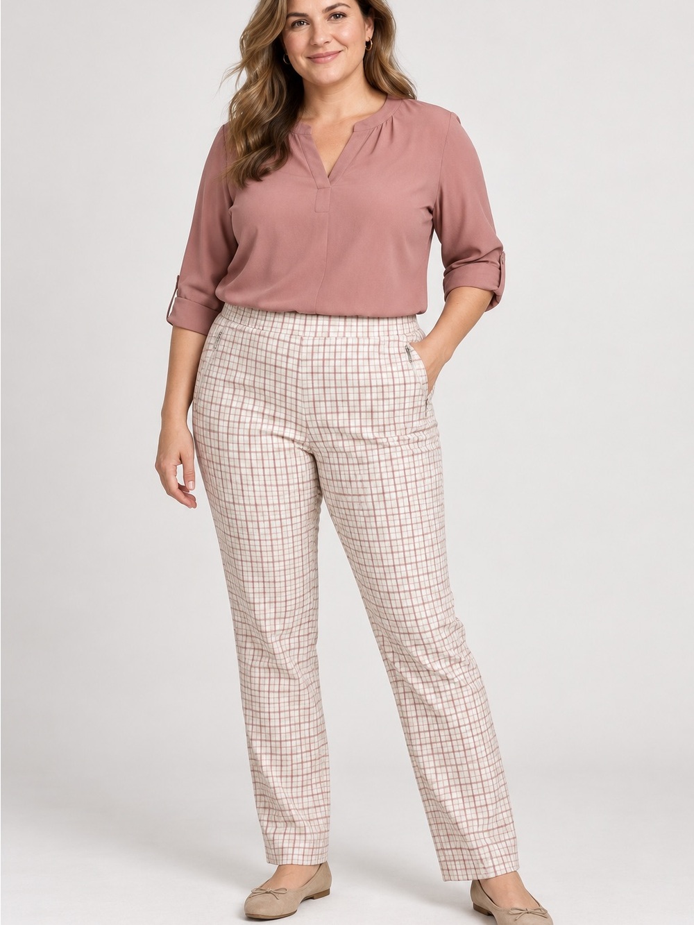 J. Jill Plaid Boot-Cut Pants in Cream and Mauve Size 14